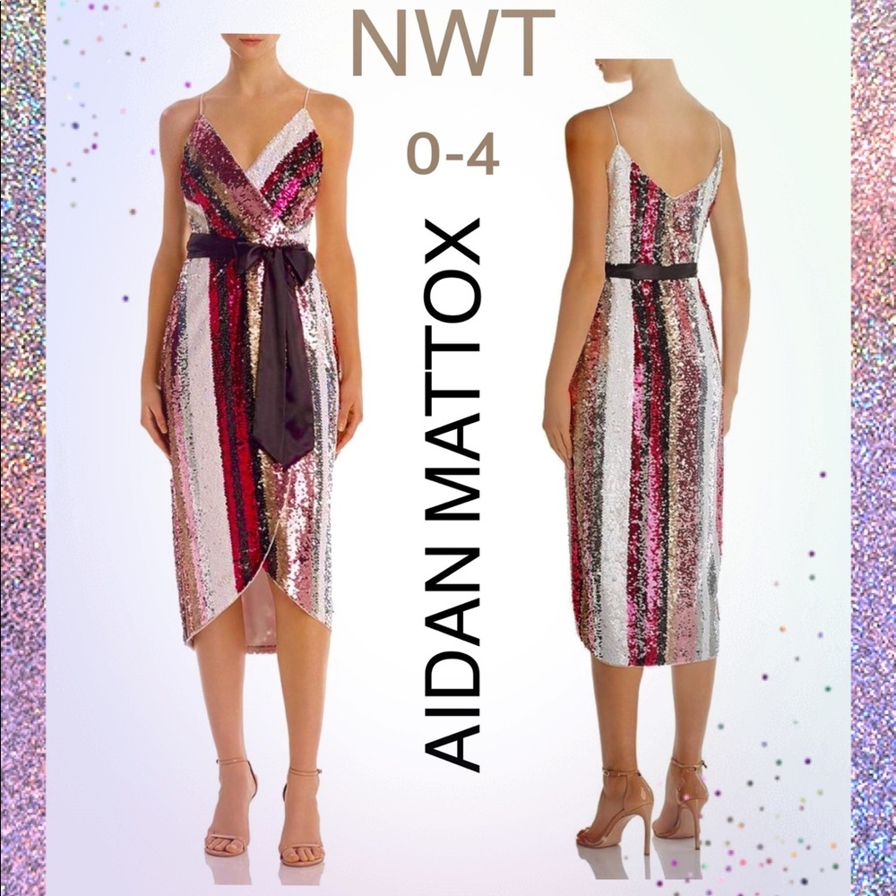 AIDAN MATTOX sequin wrap dress party pink multi stripe authentic new midi luxury
